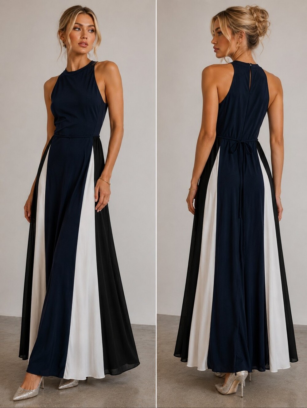 Banana Republic Navy Colorblock Satin Maxi Dress Size 6